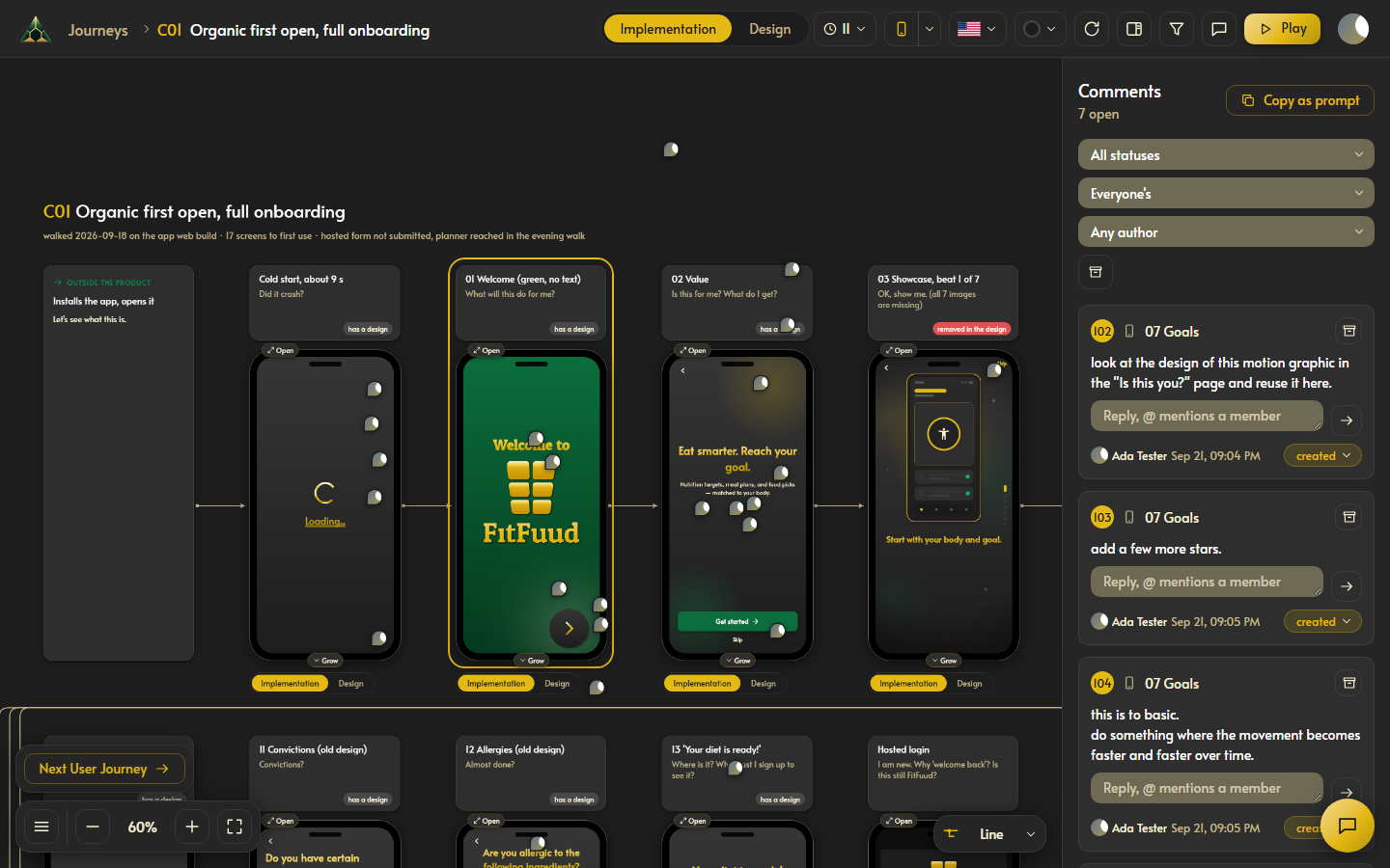 The FitFuud onboarding journey on a Grafaris board, with comments pinned on its screens